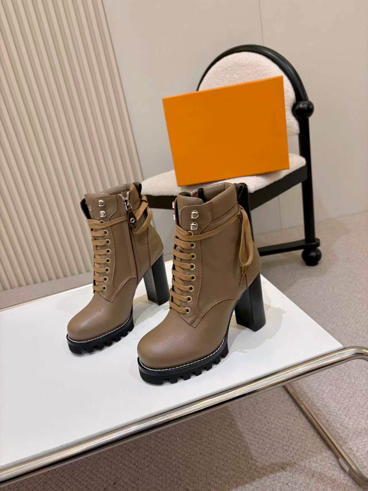 Botas de combate de tacón alto para mujer, botines de combate de 9,5 CM con punta redonda y plataforma con cordones, botas cortas de tacón grueso, t