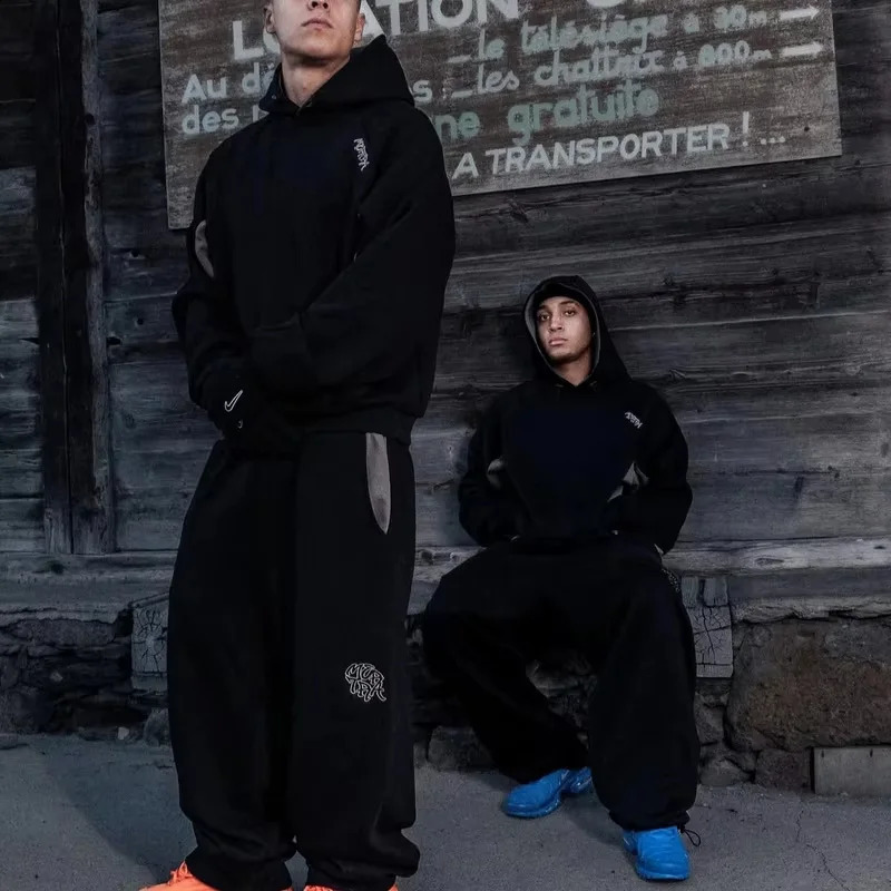 Autumn Winter Men's Y2K Streetwear Vintage Color Block Oversized Loose Drawstring Hem Hooded Long Sleeve 2 Piece Tracksuit Set 260920