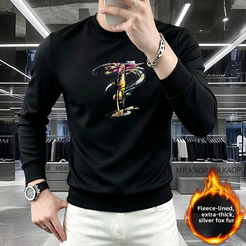 Sudadera De Manga Larga Con Cuello Redondo Y Forro Polar Para Hombre, Resistente Al Frío, Cálida, Cómoda, Versátil, Entallada, Jersey, Top De Estilo