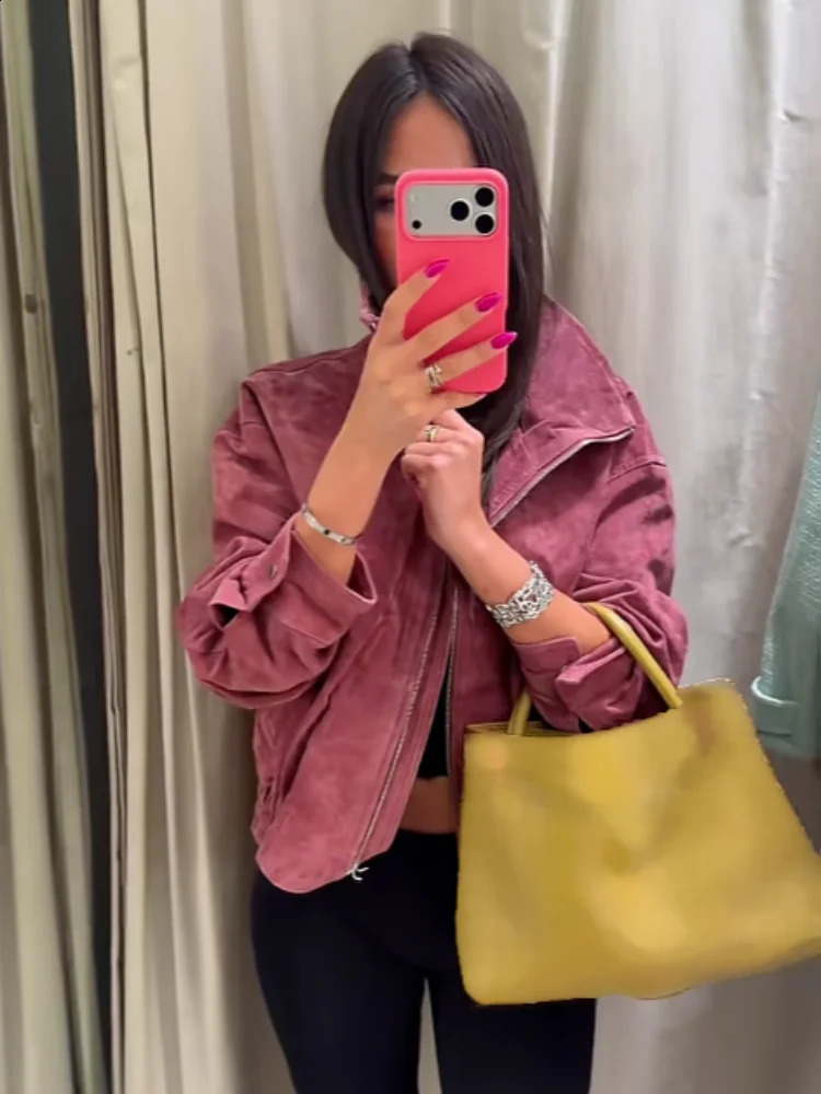 Women Retro Rose Pink Suede Stand Collar Zip Up Loose Cropped Jacket Casual Streetwear Long Sleeve Fashion Outerwear Coat 260920