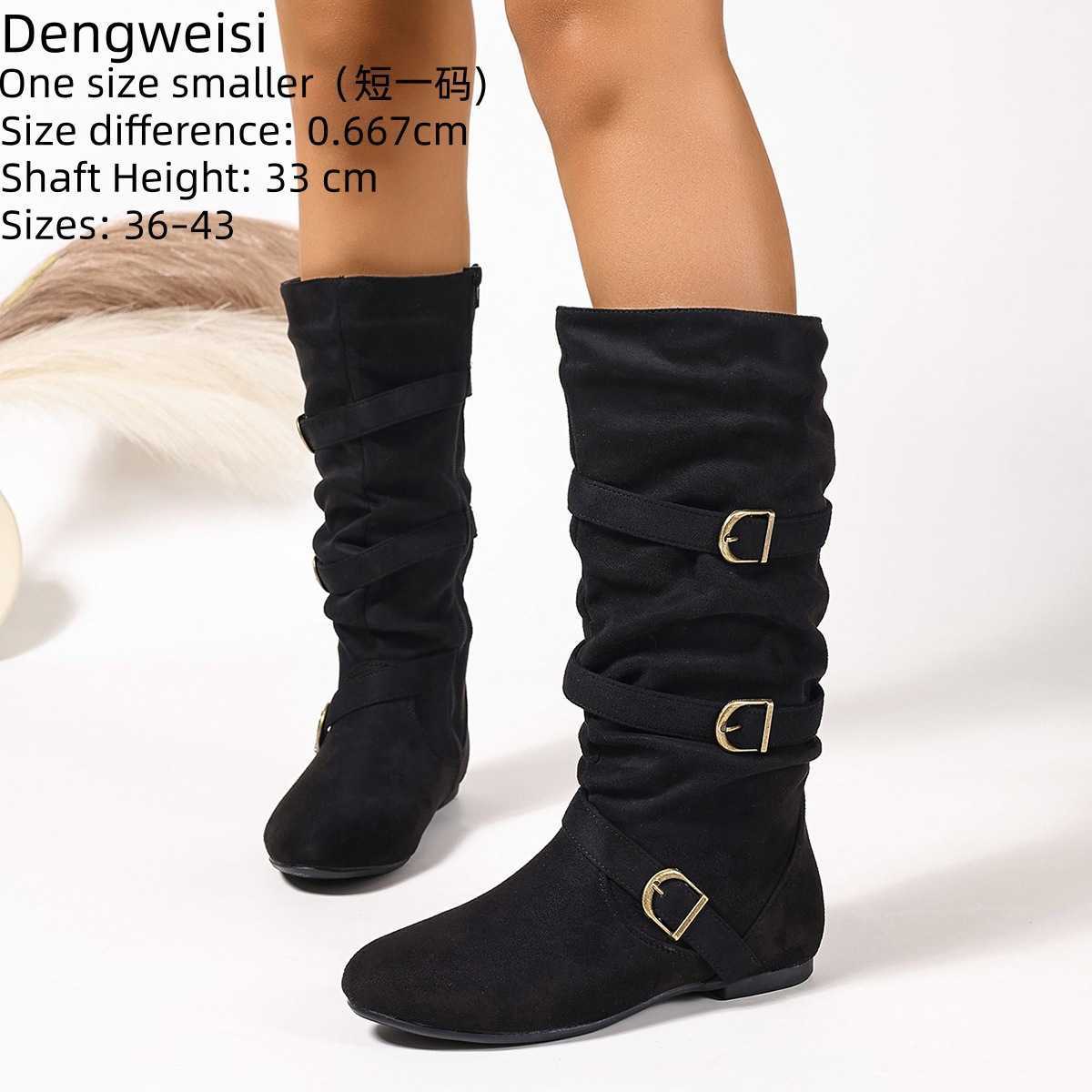 Pleated three-strap everyday mid-calf boots women's shoes bohemian style flat-soled round-toe women's boots plus-size western boots L26921