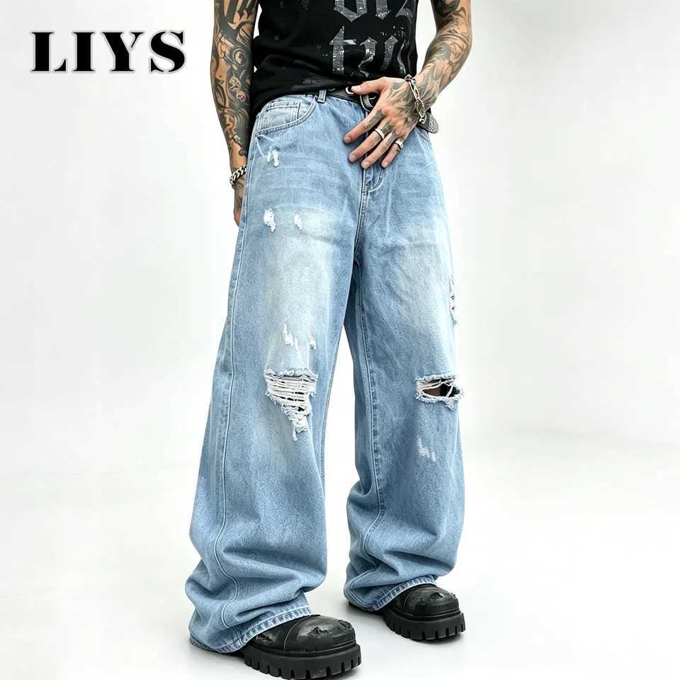 LIYS American Retro Light Blue Baggy Wide Leg Ripped Jeans Men Women Unisex Street Spring Summer Straight Ripped Denim Pants S260921R5OO