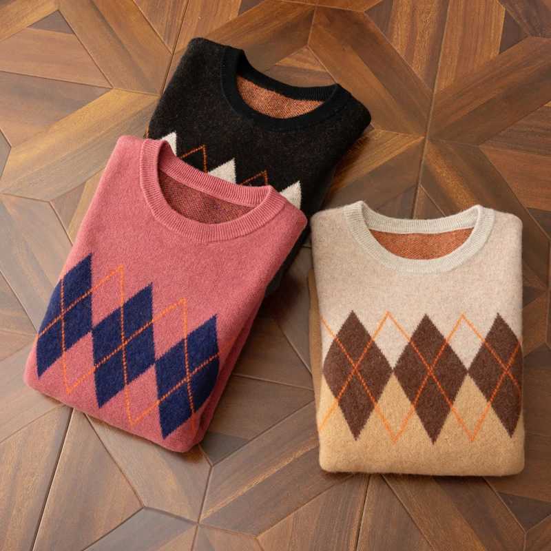 Autumn And Winter New 100% Wool Men's Thick Sweater Jacquard Round Neck Loose Casual Knitting Bottoming Shirt Q260921