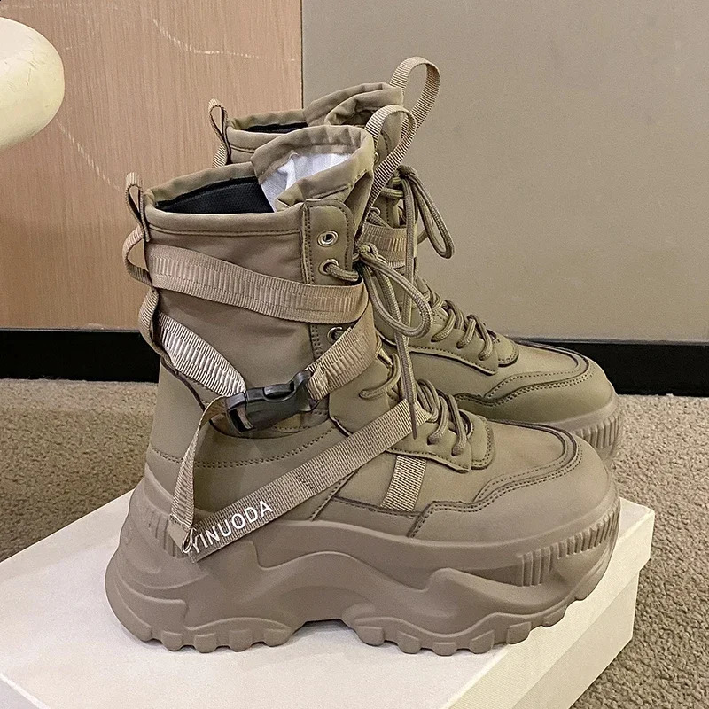 Botas de moto con plataforma gruesa para Mujer, zapatos blancos con cordones y suela gruesa, botines para Mujer, otoño e invierno, 260920
