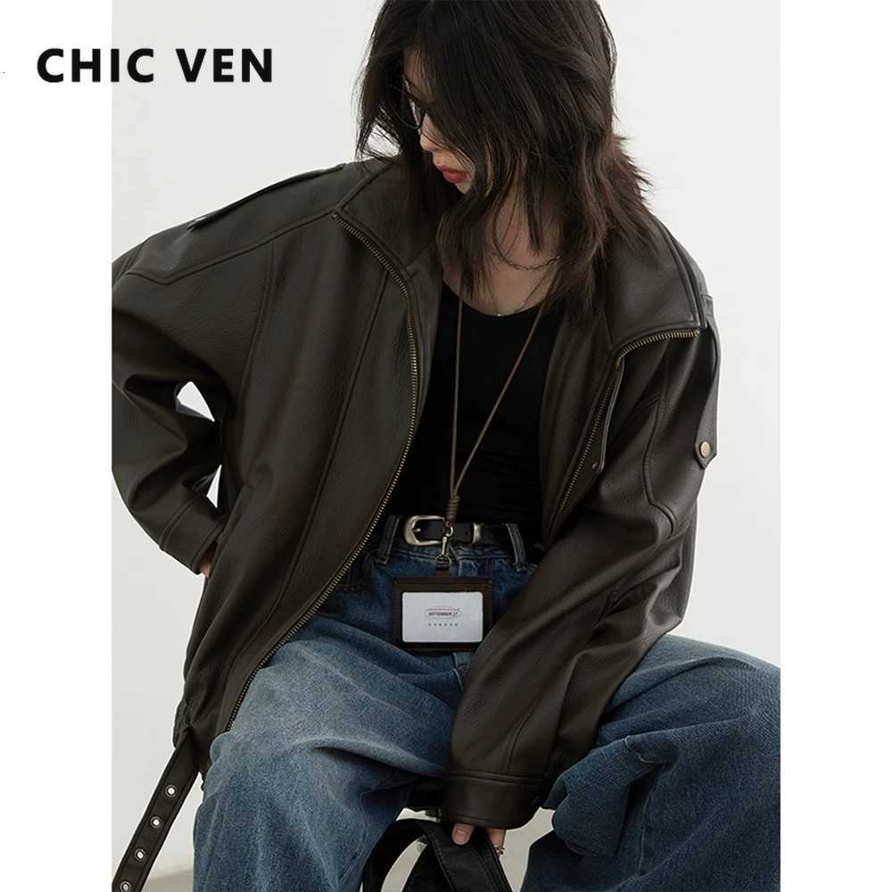 Jackets CHIC VEN Women Women's PU Jacket New Loose Retro Motorcycle Faux Leather Quilted Coat Female Overcoat Thick Warm 2025 Spring Autumn Top