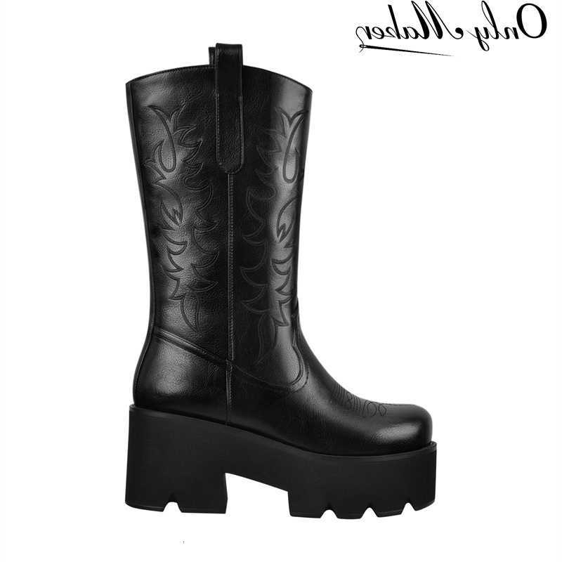 Onlymaker, botas de plataforma para mujer, botas a media pantorrilla, tacones altos gruesos negros, botines cortos de talla grande para mujer H26092