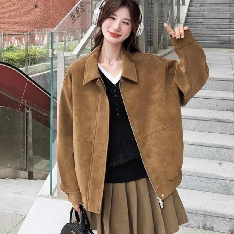 Coffee Colored Melard Suede Coat Women Autumn Style Retro Zip Collar Jacket 260920