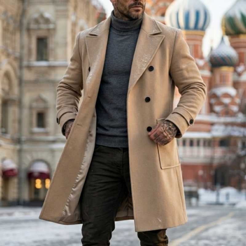 Autumn/Winter Men's Mens Wool Blends Double-Breasted Trench Coat Long Windbreaker Solid Extended-Length Coat Casual Suit Men's Winter Jack