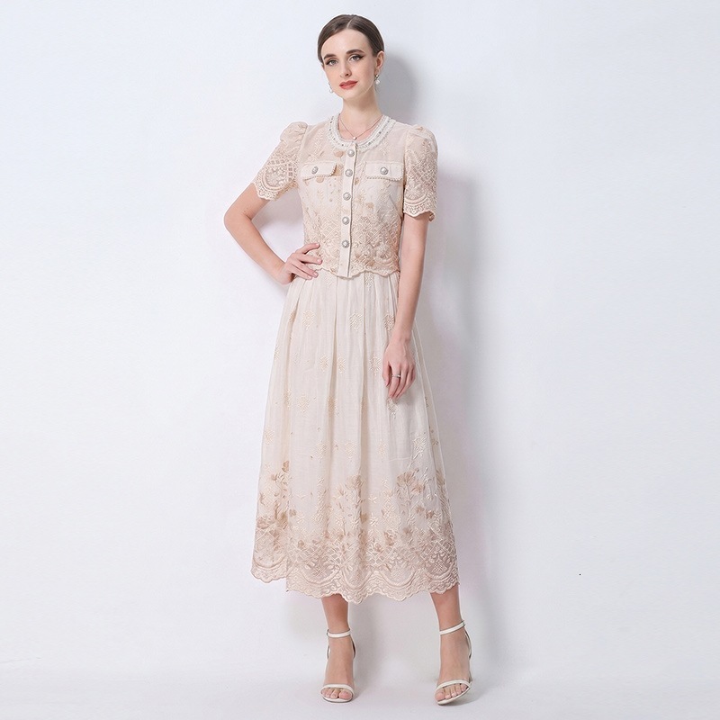 French-style romantic lace suit dress fashionable and elegant printed embroidered top and skirt two-piece set