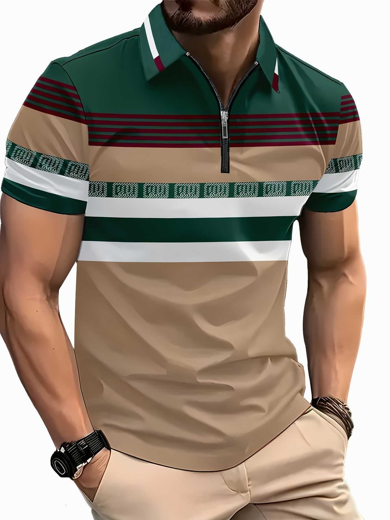 2025 Men's Casual Shirts The summer new men's zipper POLO shirt features a casual fashionable comfortable and soft 3D striped pattern prin