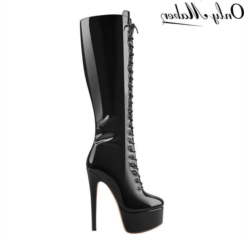 Botas hasta la rodilla Plataforma Onlymaker Botas altas para mujer Zip Punta redonda Stiletto Tacón alto con cordones Moda Sexy Charol Botas de invi