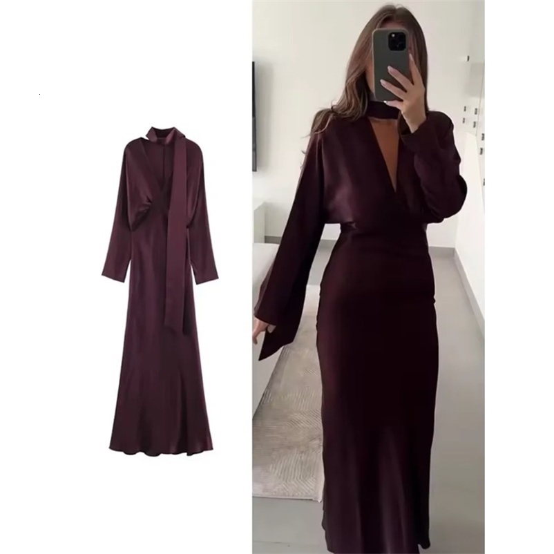 Scarf Solid Elegant Maxi Dresses Women Spring V Neck Long Sleeve Club Party Long Dress Female Chic 260920