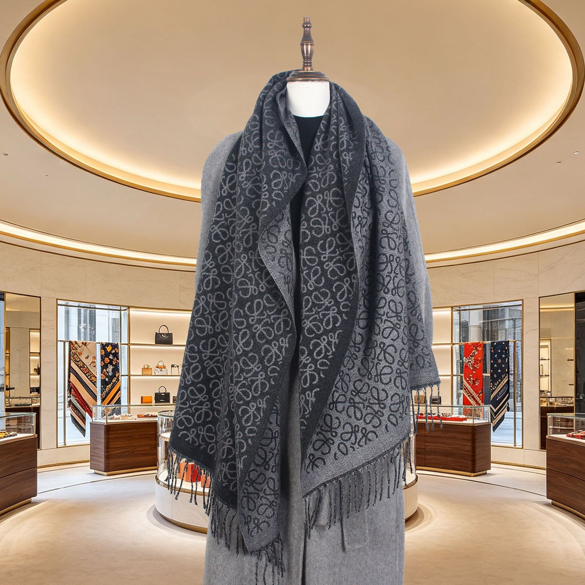 Designer's new women's autumn and winter double-sided jacquard tassel shawl, heavy-duty patterned scarf, paired with a warm cape style sca