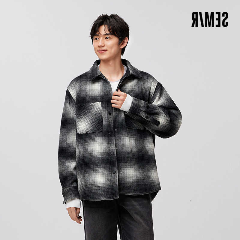 Woolen Men's Semir Wool Blends Coat Men 2024 New Winter Fleece Classic Plaid Jacket Retro Versatile D260921