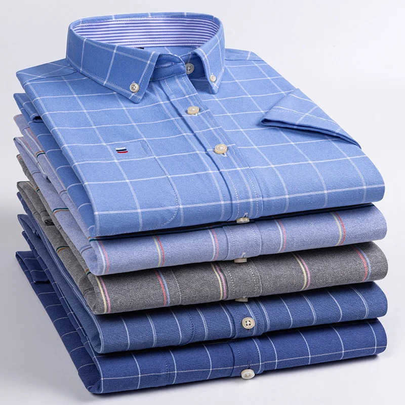 Men's Men's New Casual Shirts Social Shirt Short Sleeve 100% Pure Cotton Oxford Soft Buttoned Plaid Formal Male Clothes Pocket Social Shir