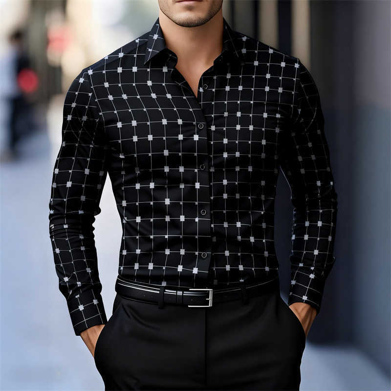 stylish Men's Men's Casual Shirts geometric square print long-sleeved shirt slim fit business casual shirt trendy new style from . H260921