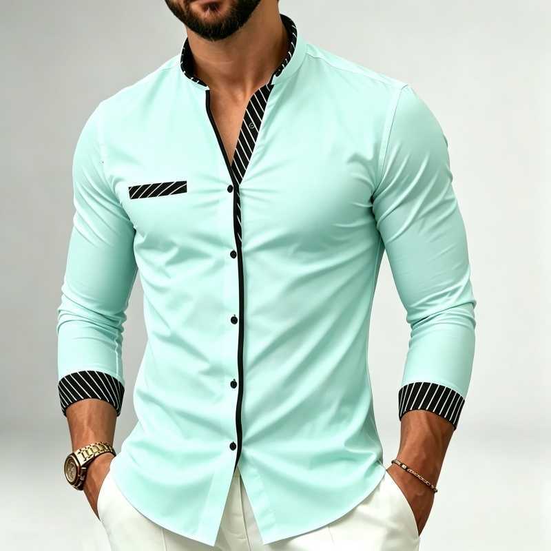 Men's Shirts Men's long-sleeved Casual shirt men's stand collar long-sleeved button shirt contrast color striped collar cuff and pock