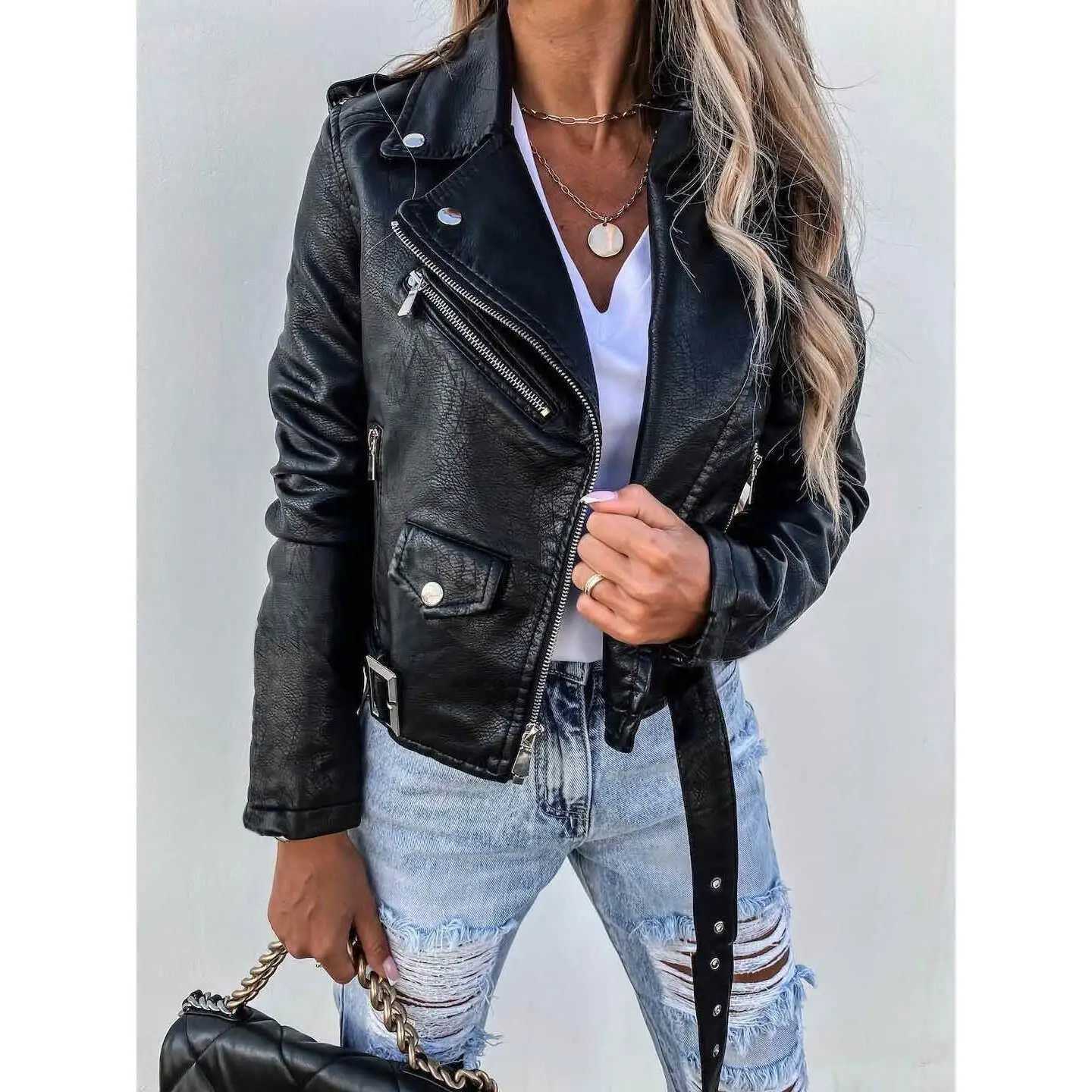 Motorcycle Jacket Women Fur Coat Leather Thickened PU Leather Zipper Closure Slim Fit Long Slve Coat for Autumn Season T260829