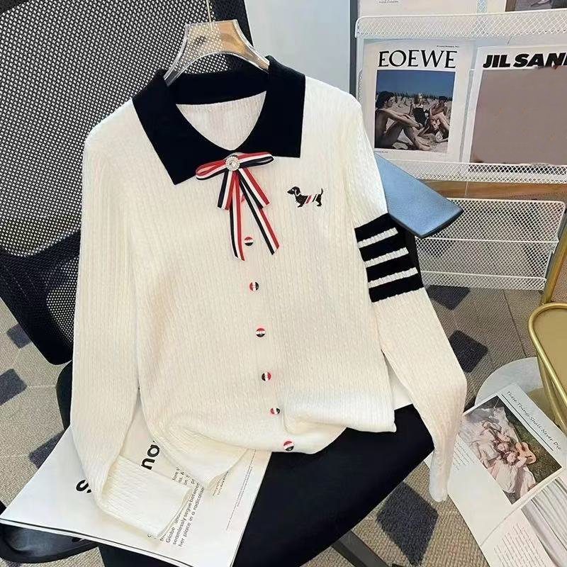 Women Lapel Knit Cardigan Embroidery Bow Decor Striped Sleeve Single Breasted Sweater Preppy Style Fall Winter Tops
