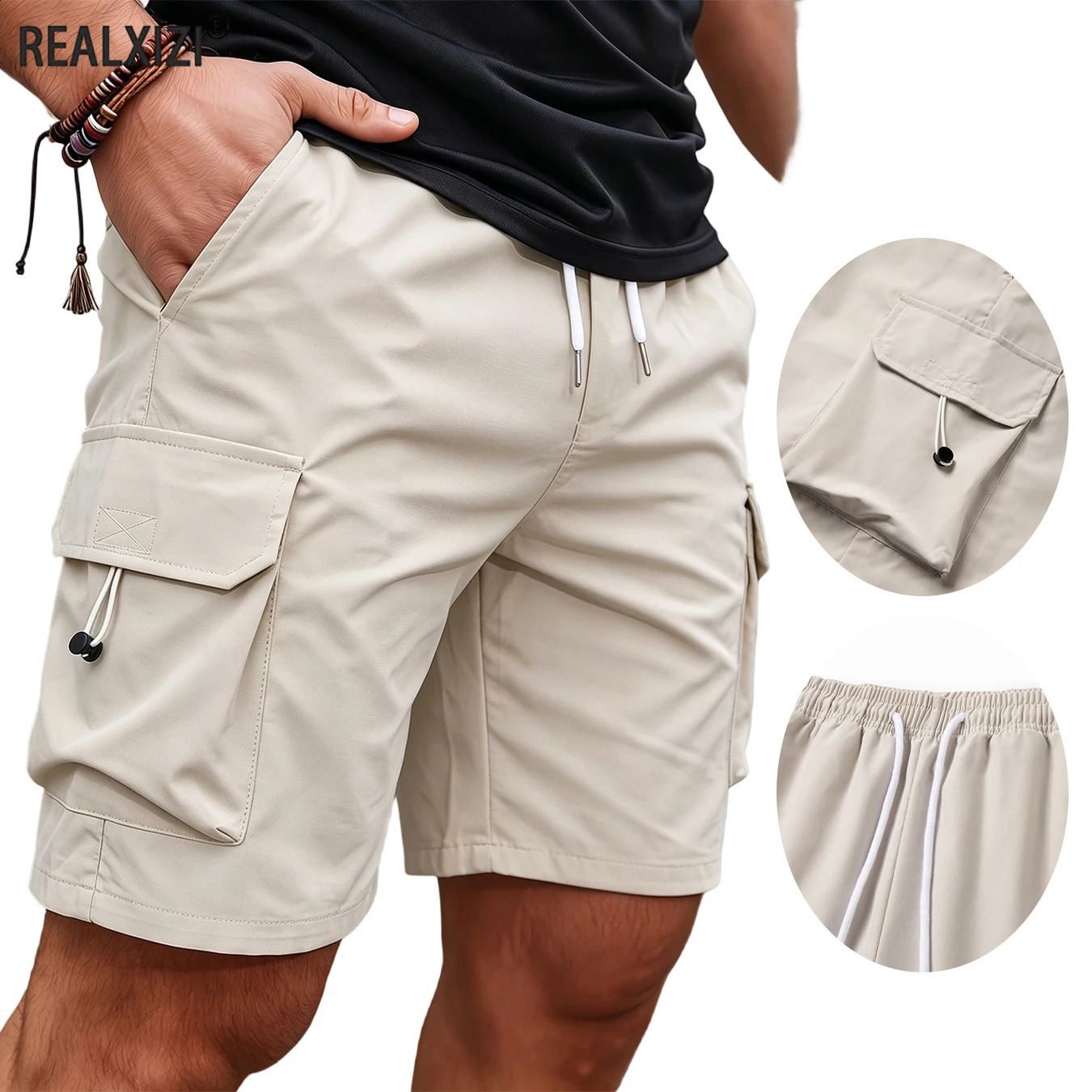 Mens Summer Cargo Shorts MultiPocket Drawstring Pants Casual Loose Fit KneeLength for Outdoor Streetwear 26921