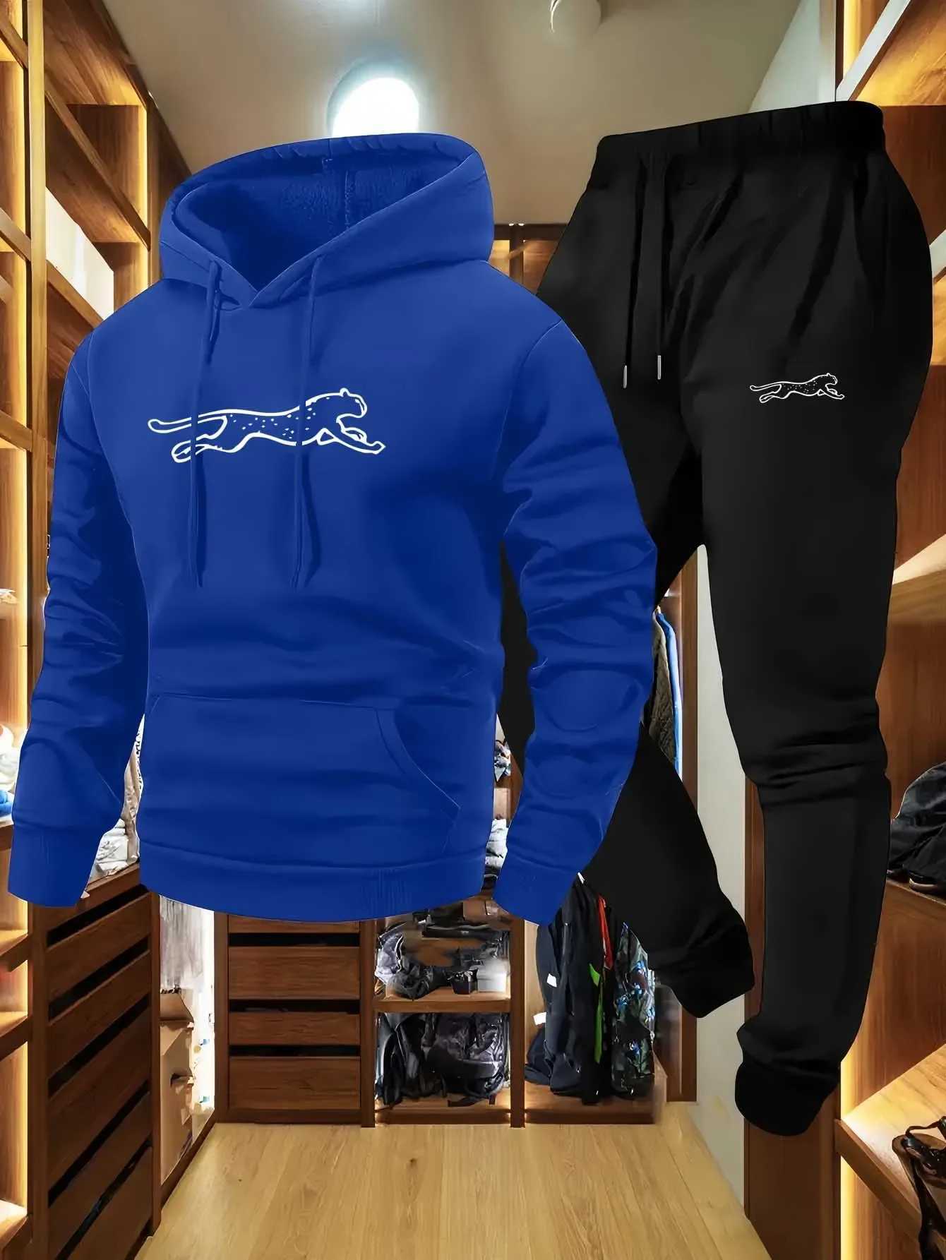 Leopard Men's 2026 Hoodies Sweatshirts Printed Sportswear Set Men's Hooded Sweatshirt Long Pants Set Spring and Autumn Winter Warm Suit D2