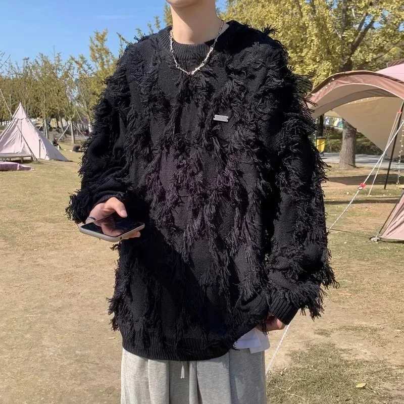 Winter Men's Ripped Fringe Raw Edge Sweater Hip Hop Fashion Knitwear Pullovers Y2K Vintage Streetwear Knitted Jersey Clothes S260921KBS6