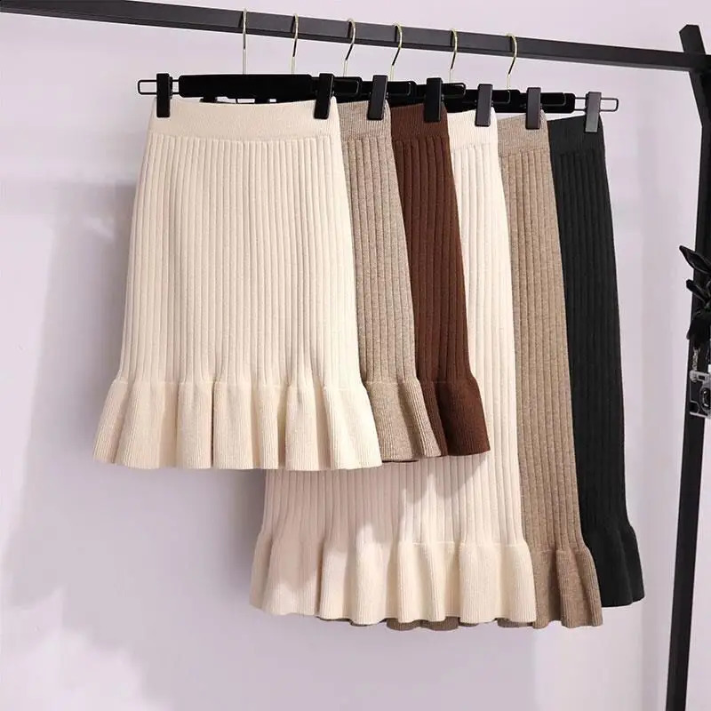 Autumn Winter Elegant High Waist Women Mermaid Skirt Solid Color Lady Office Wear Knitted Skirt Female Pleated Skirts 260918