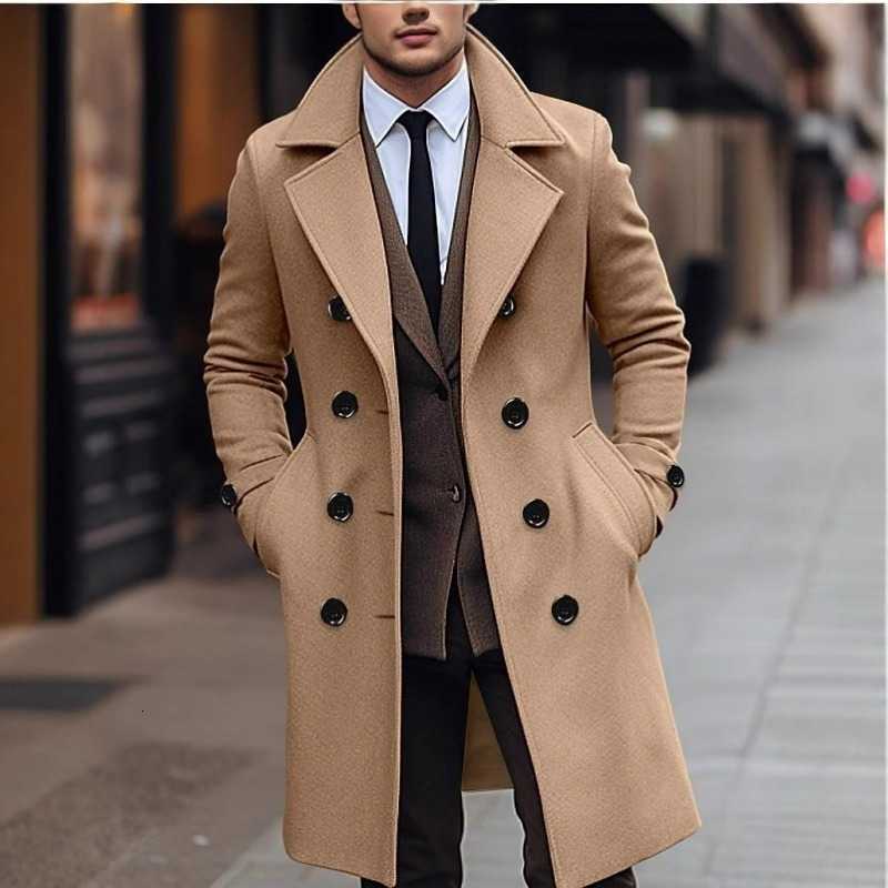 Wool Blends Men Men's Overcoat Autumn Winter Business Casual Double-breasted Male Trench Coat Simple Mid Length Long Sleeve Man Jacket D260921