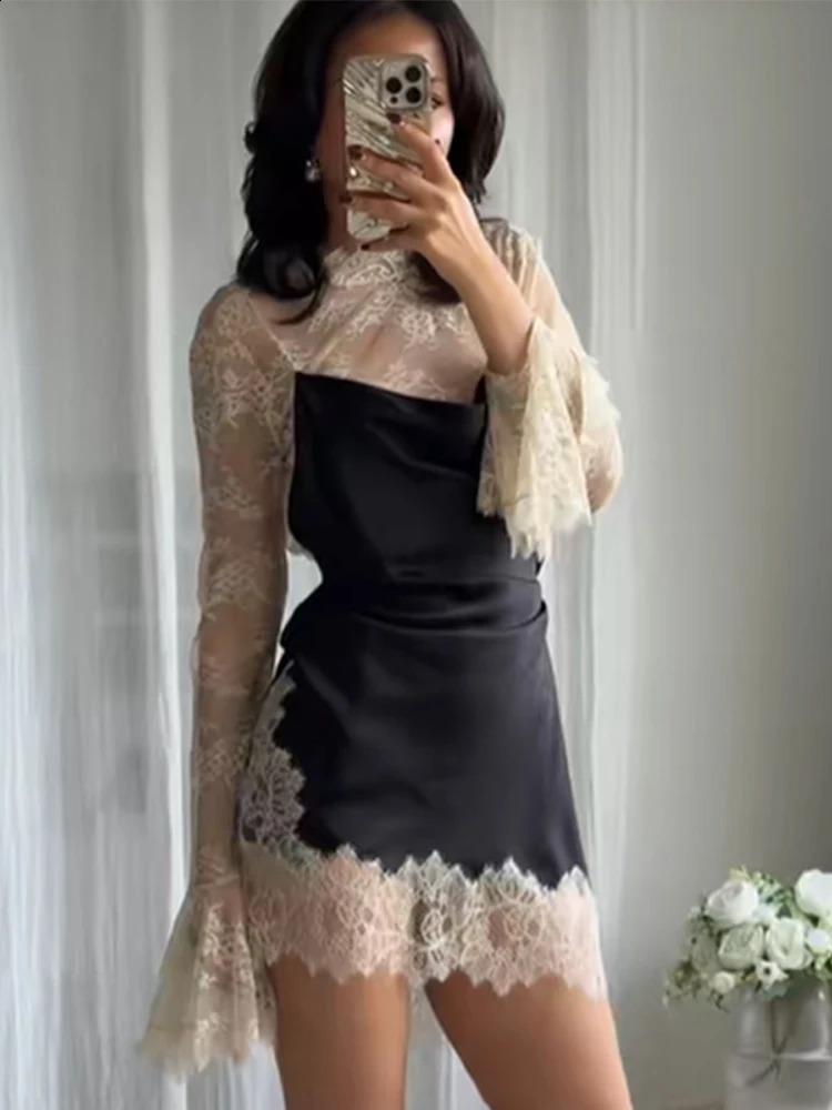 Elegant Sexy Lace Patchwork Mini Dress Women Full Flared Sleeve Waist Cinching See Through Short Dresses Lady Club Party Gowns 260921