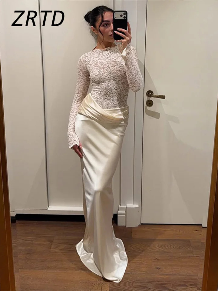 Elegant Lace Satin Patchwork Women's Long Dress Slim O-neck Full Sleeve Pleated Party Dresses Autumn Lady Evening Robes 260920