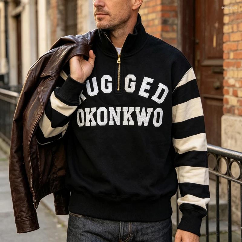 Okonkwo Men's Vintage Half-Zip Sweatshirt 460g Loopback Fleece Striped Sleeves Felt Lettering Stand Collar Pullover