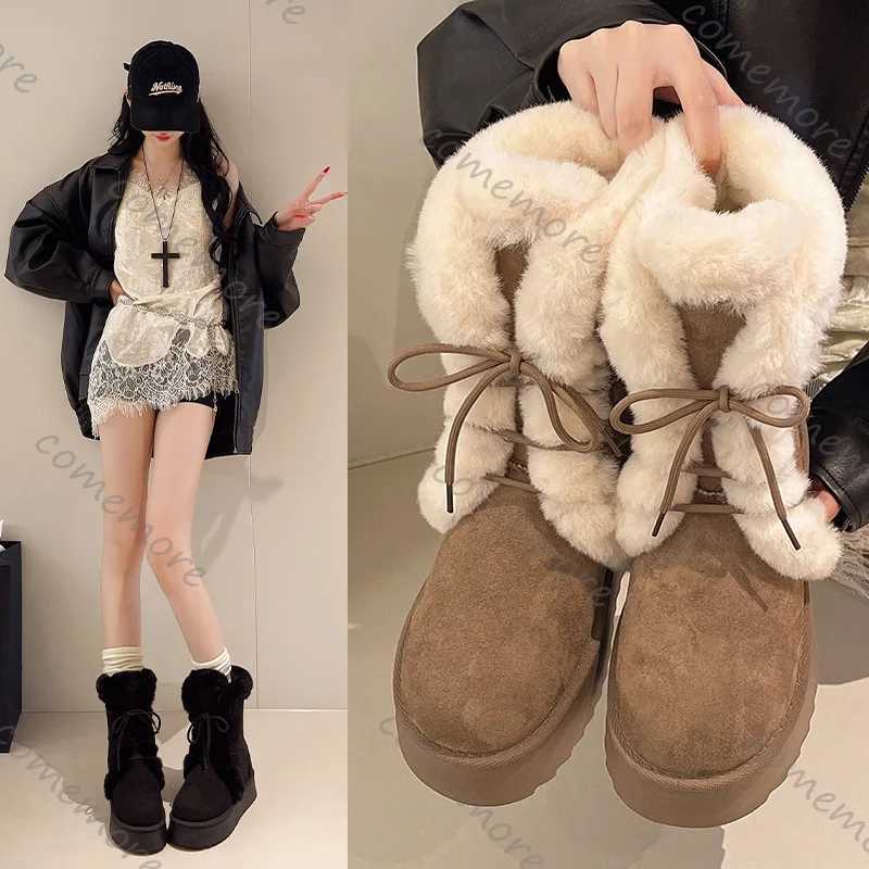 Comemore Botas de nieve de piel cálida de invierno para mujer, botines con plataforma de felpa esponjosa con cordones para mujer, zapatos acolchados
