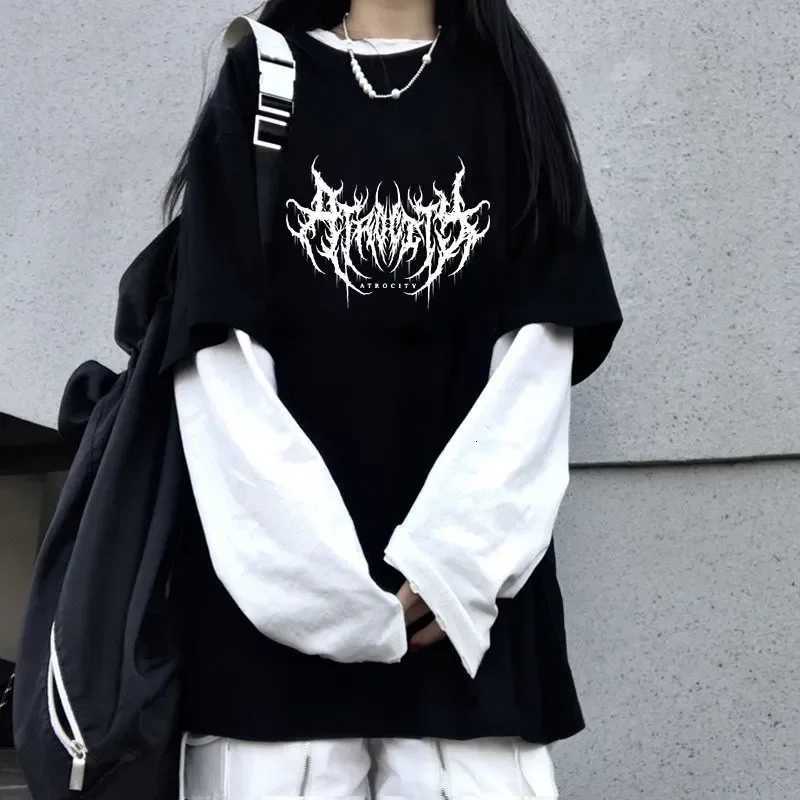 Women's T-Shirt Women Atrocity Print Graphic Fake Two Long Sleeved T-shirts Fashion Gothic Retro Casual Loose Fake Two Long Sleeved T Shirt Q26