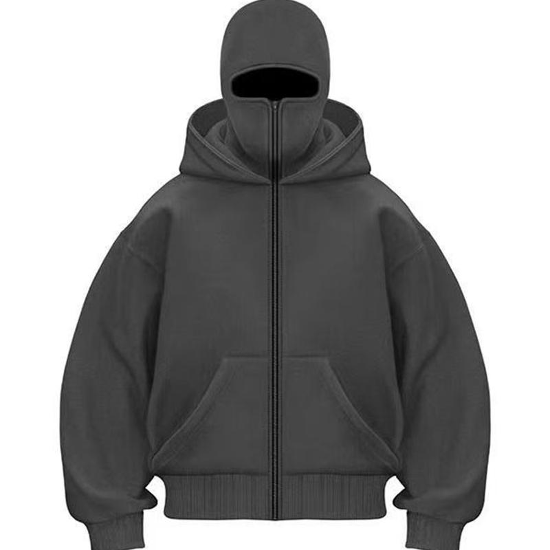 Mens Fleece Hooded Jacket Full Zip Closure Built In Face Covering Long Sleeve Sweatshirt Kangaroo Pocket Rib Trim Casual Outer Top
