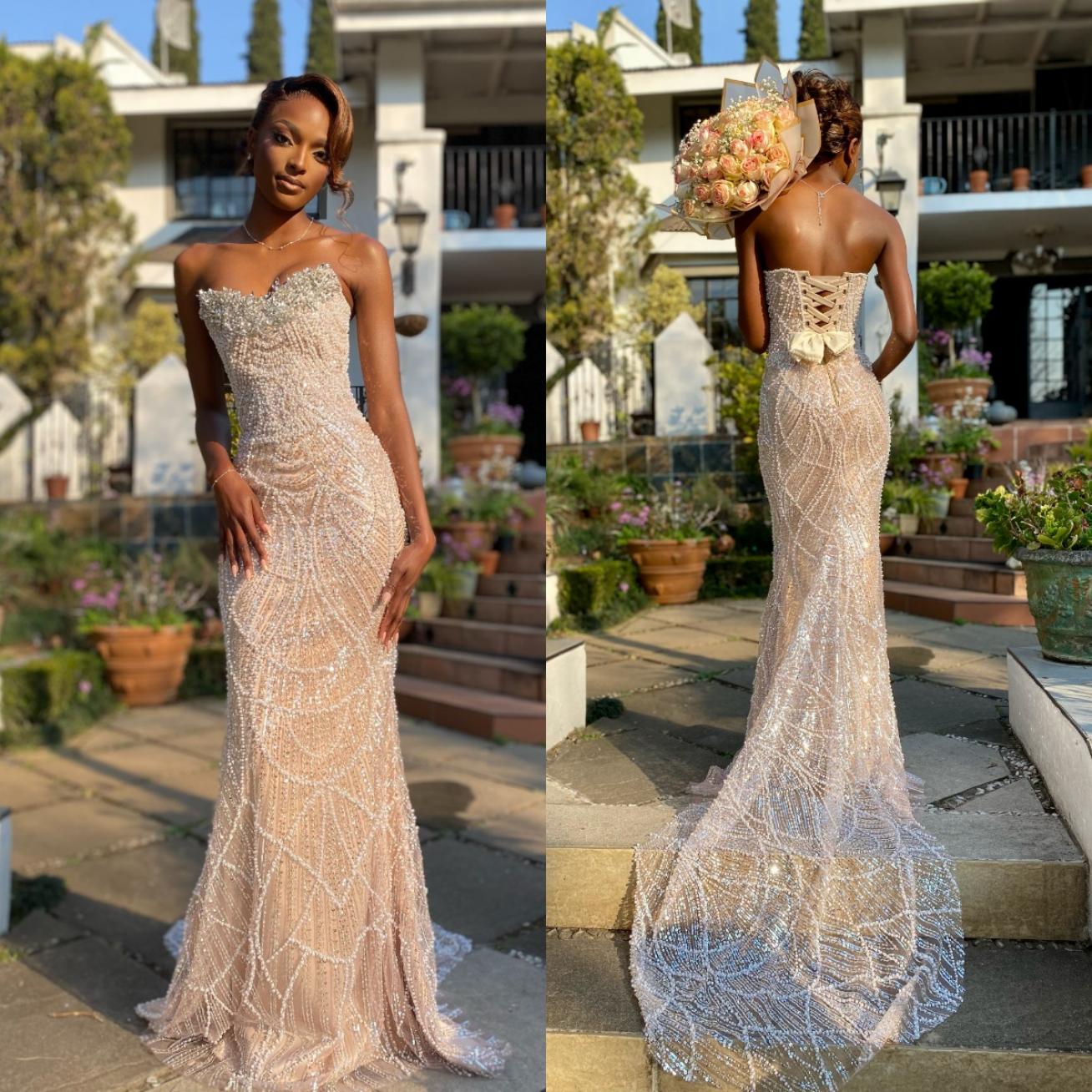Sparkly Evening Dresses For Women Strapless Sleeveless Gown Sequins Pearls Crystal Floor Length Dress Prom Party Customized Dress