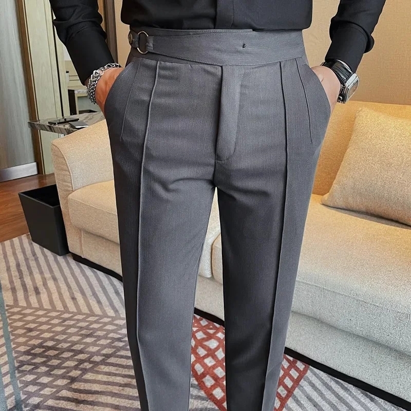 British Style Men's High Waist Casual Pants Solid Color Naples Men Suit Pants Slim Fit Casual Business Formal Mens Trousers 260920