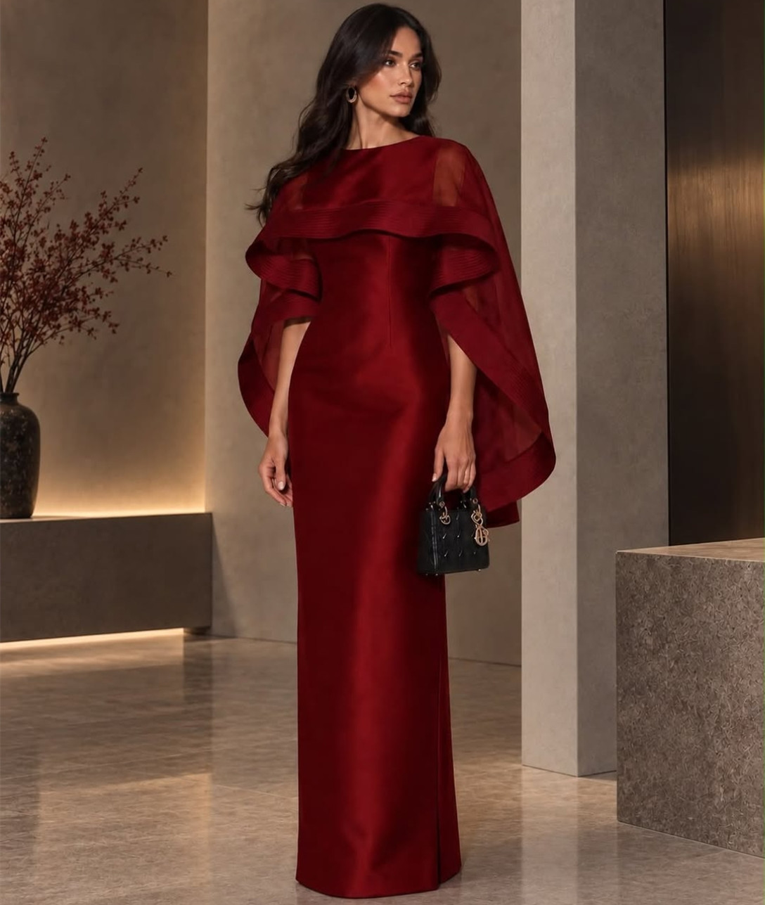 Elegant Long Satin Red Evening Dresses with Slit Mermaid O-Neck Zipper Back Pleated Prom Dresses Floor Length Robe De Soiree Formal Party Gown for W