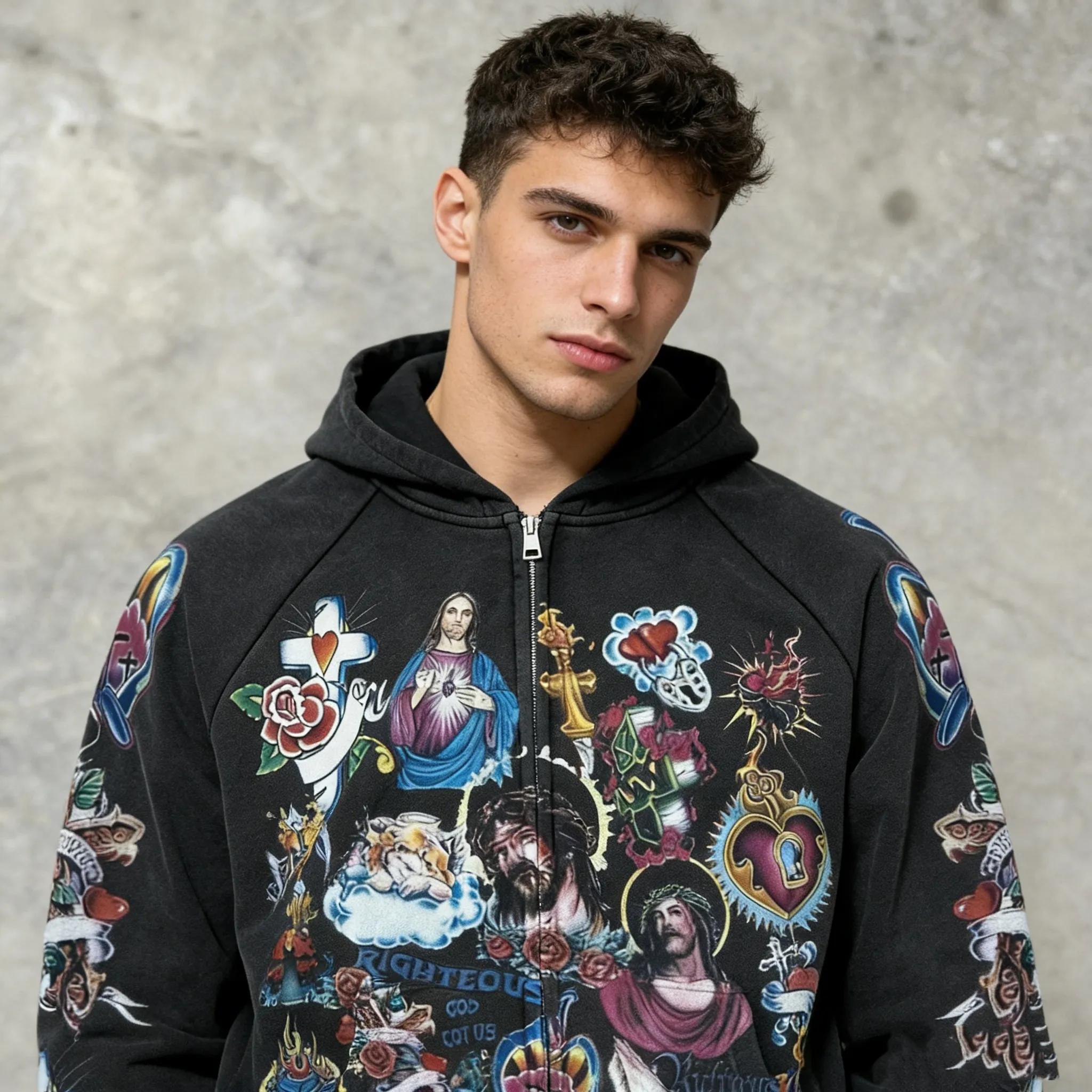 Designer Mens Hoodies Righteous Hip Hop Retro Pattern Jesus Print Zip Up Men Clothing Streetwear Harajuku Oversized Jacket Gothic Casual Sweatshirt