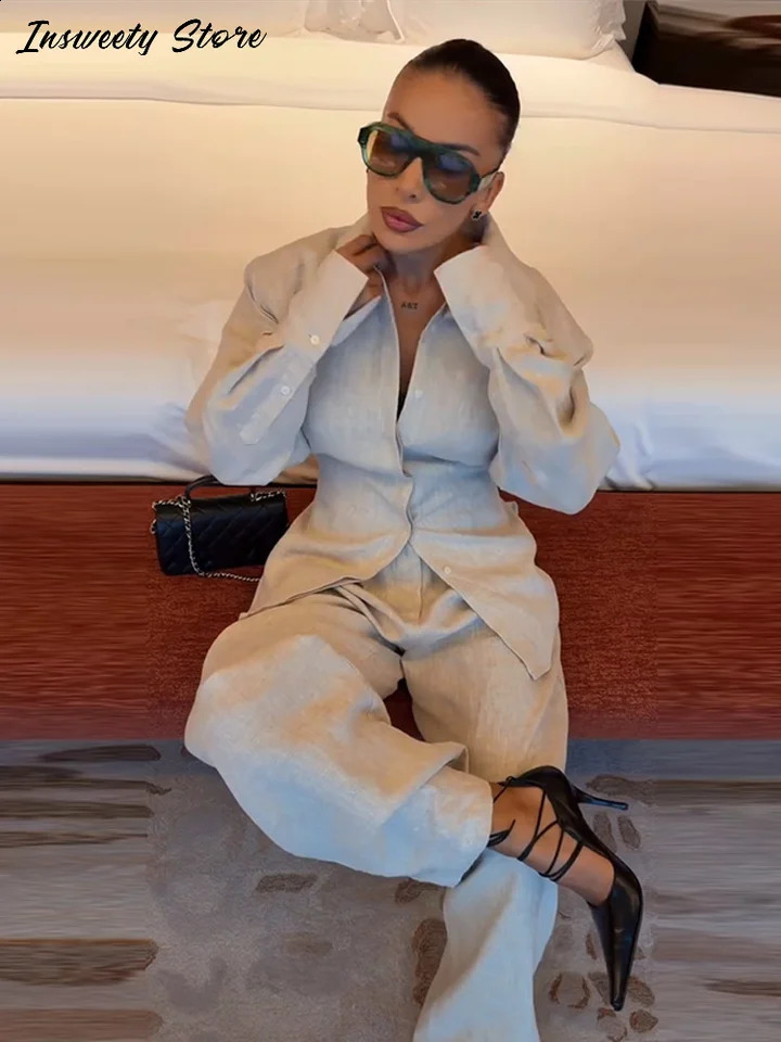Fashion Solid Two-Piece Set Women's Lapel Single Breasted Back Lace Up Shirt Loose Pants 2026 Summer Lady Casual Outfit 260920