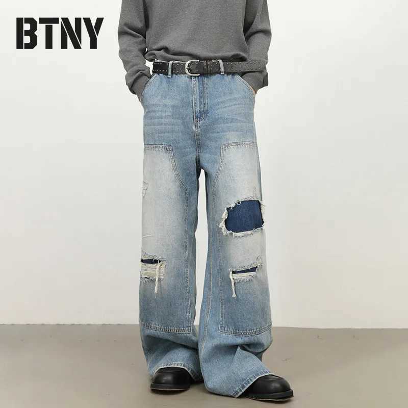 BTNY Abbigliamento da uomo Jeans larghi American Retro lavato Patchwork Pantaloni in denim strappati Uomo Nuovi pantaloni larghi dritti a gamba larg
