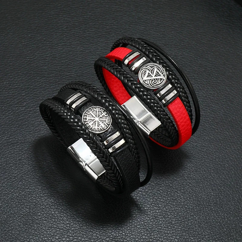 Pulsera de cuero inspirada en vikingo de múltiples capas para hombres Pulsera trenzada de moda de color negro / rojo para ocasiones sociales 260920