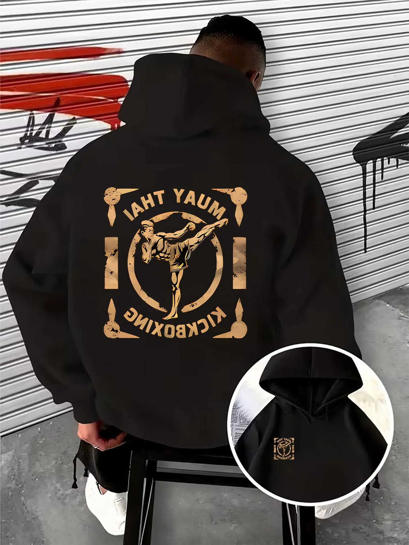 Men's Hoodies Sweatshirts Men's Thai Kickboxing Graphic Hoodie Gym Sports Combat Printed Sweatshirt Streetwear Loose Hooded Pullover Tops