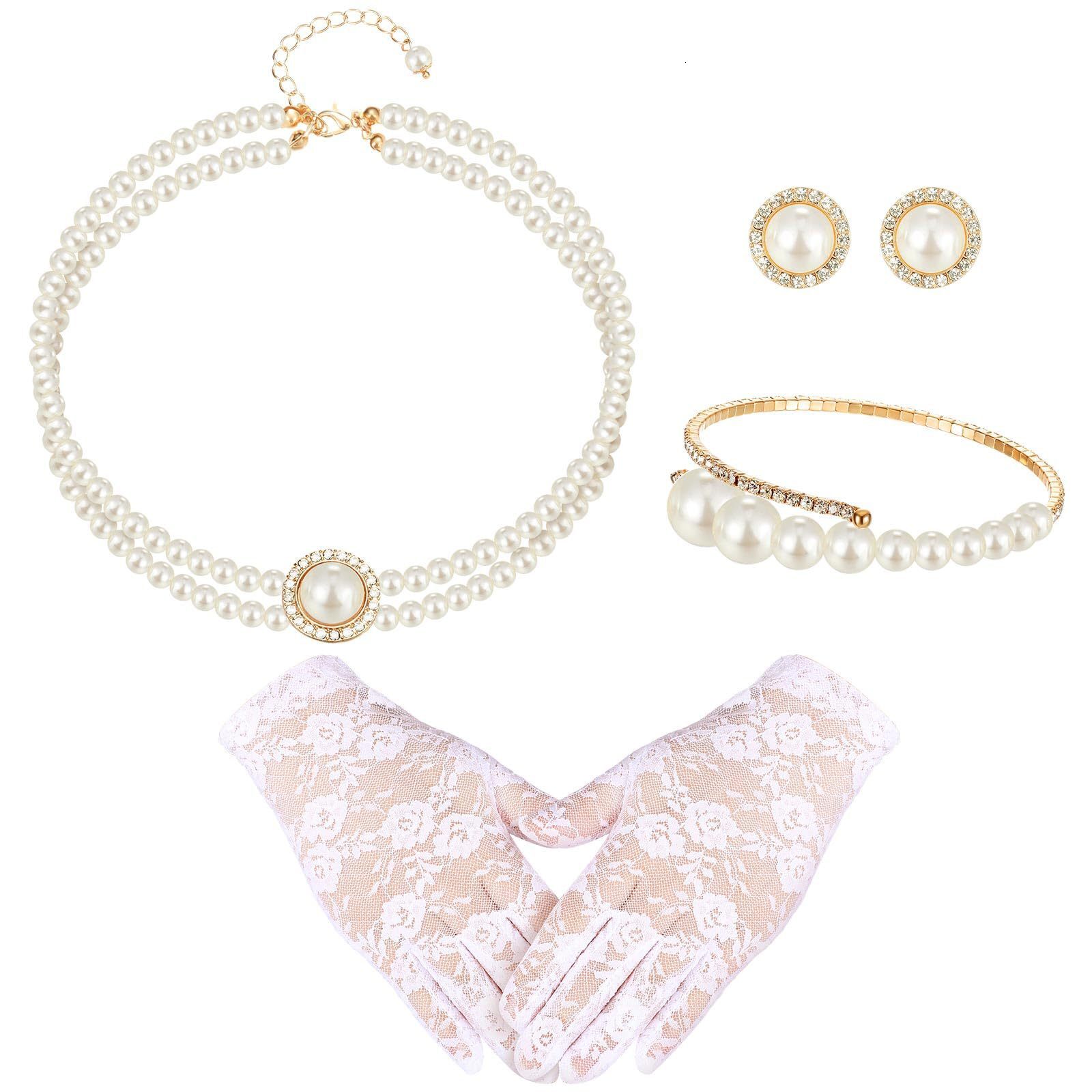 European and American vintage court-style jewelry set, new mesh gloves, light luxury children's necklace four-piece set