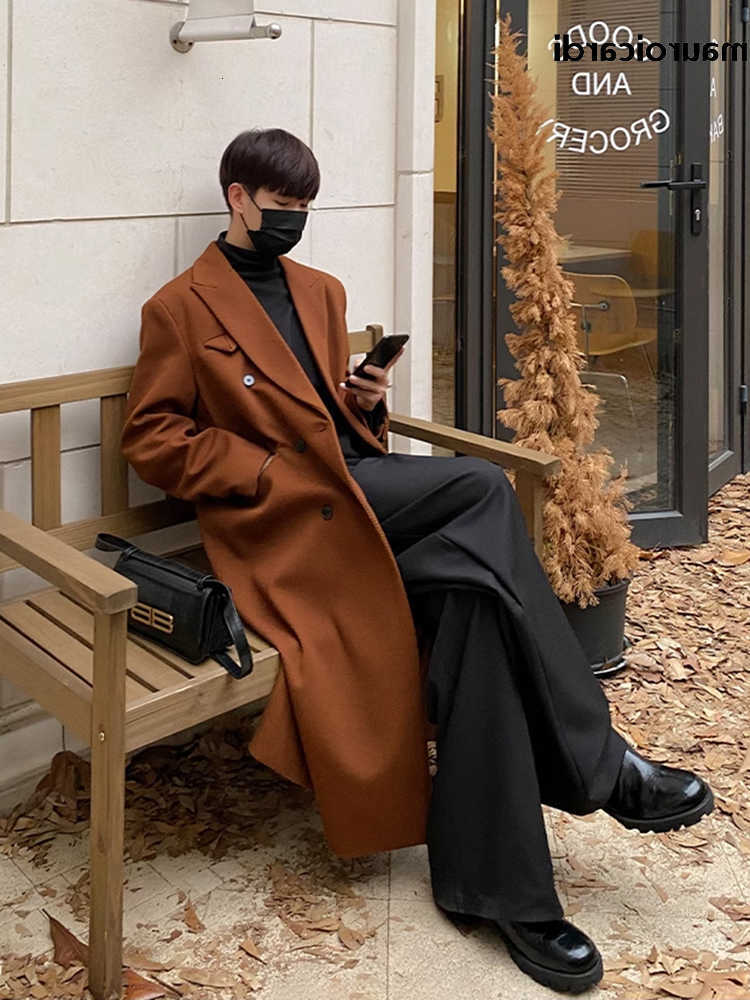 Autumn Men's Mauroicardi Wool Blends Winter Long Warm Coffee Black Soft Woolen Coat Men Double Breasted Loose Casual Wool Blends Overcoat 2023