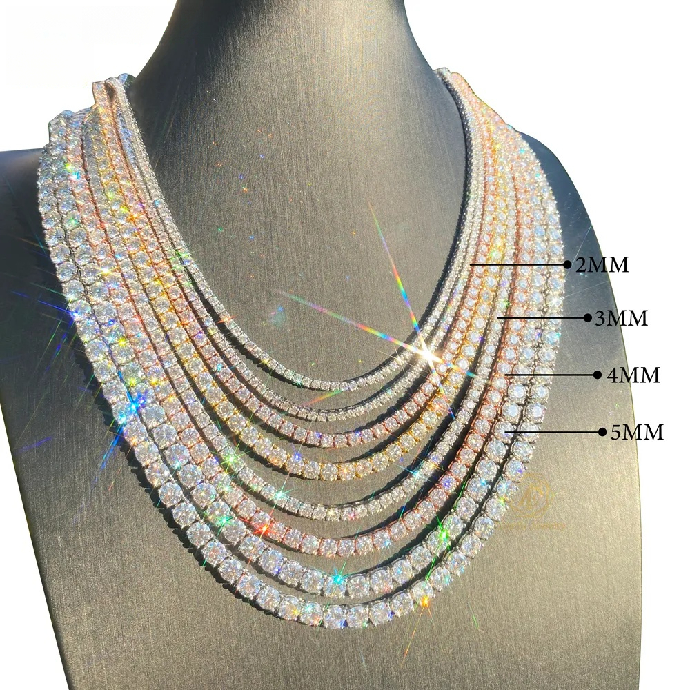 VVS 2mm 3mm 4mm Moissanite S925 925 Sterling Silver Yellow Gold Plated Chain Tennis Necklace for Men Women Wholesale Custom