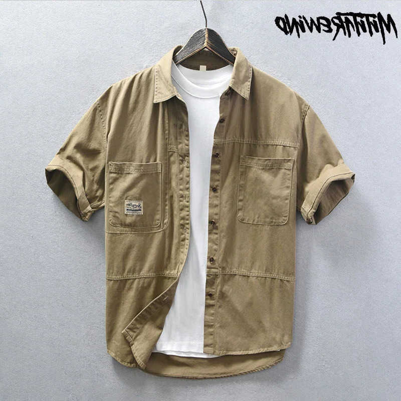 Fashion Men's Casual Shirts Japanese Men Cargo Shirt Summer Streetwear Loose Shirts Casual Pure Cotton Double Pockets Shirt Short Sleeve Mens S