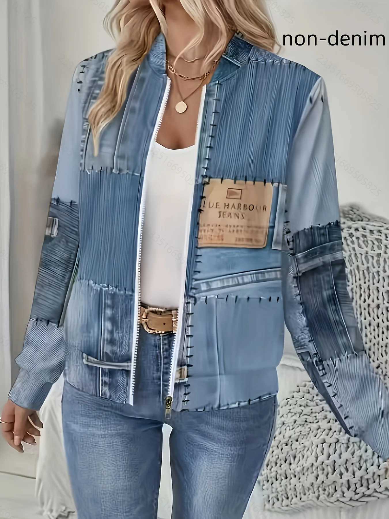 Zip-Up Women's Jackets Spring/Fall Denim-Print Jacket Street Style Long-Sleeve Baseball Collar Top C260921