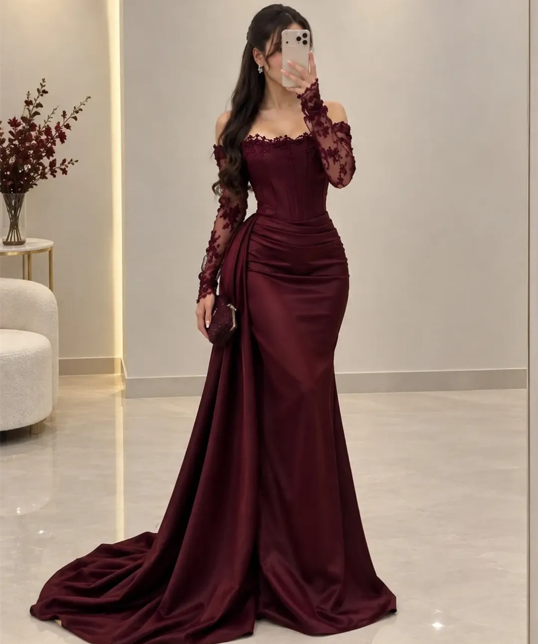 Elegant Long Satin Lace Evening Dresses with Sleeves Mermaid Bateau Neck Zipper Back Pleated Formal Occasion Prom Party Gowns for Women