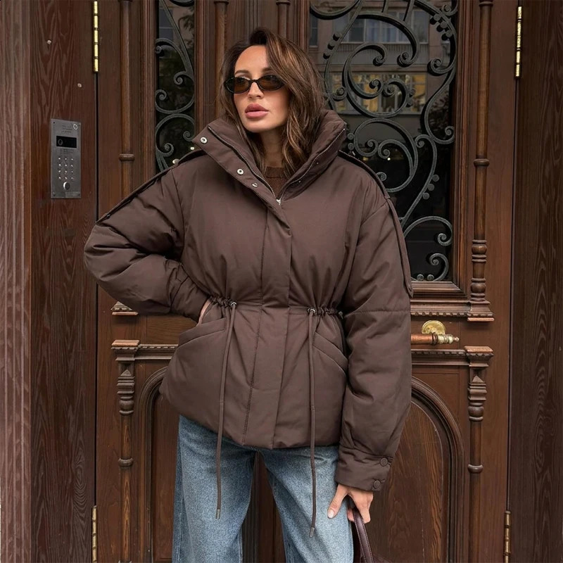 Women Brown Drawstring Waist Puffer Jacket Stand Collar Warm Cotton Padded Coat Casual 2026 Oversized Winter Parka Outerwear 260921