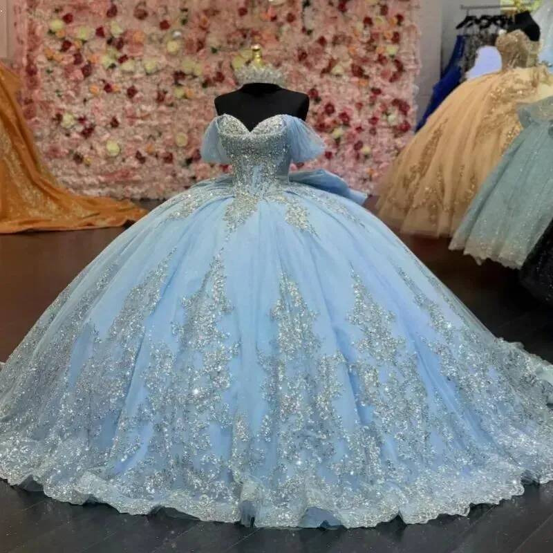 Sky Blue Quinceanera Dresses Glitter Off Shoulder Silver Sequined Lace Appliques Crystal Beads Party Birthday Vestidos De 15 Anos Sweet 16 Dress Cor
